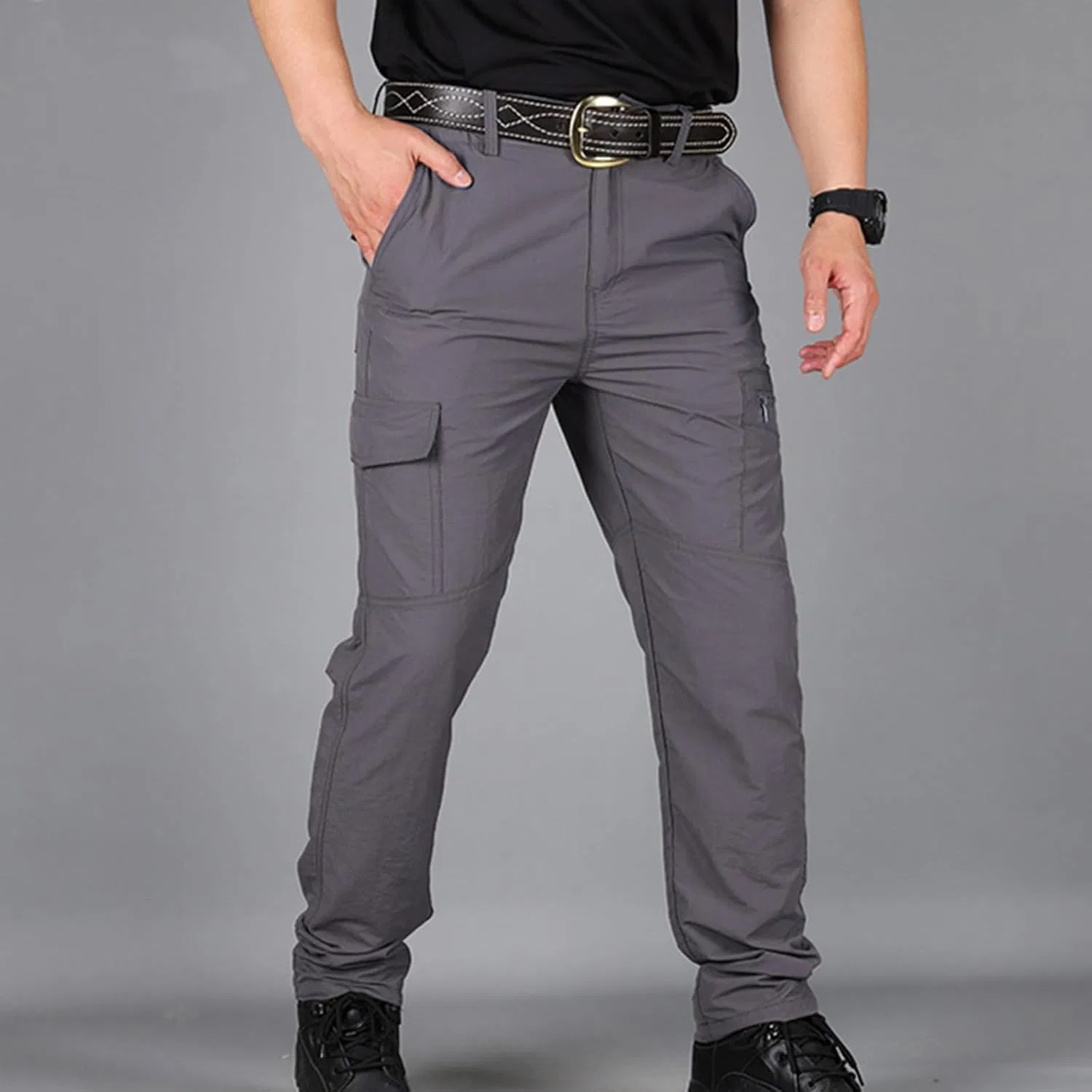 Мужские карго брюки с множеством карманов, тактические, для активного отдыха, серые — фото 2