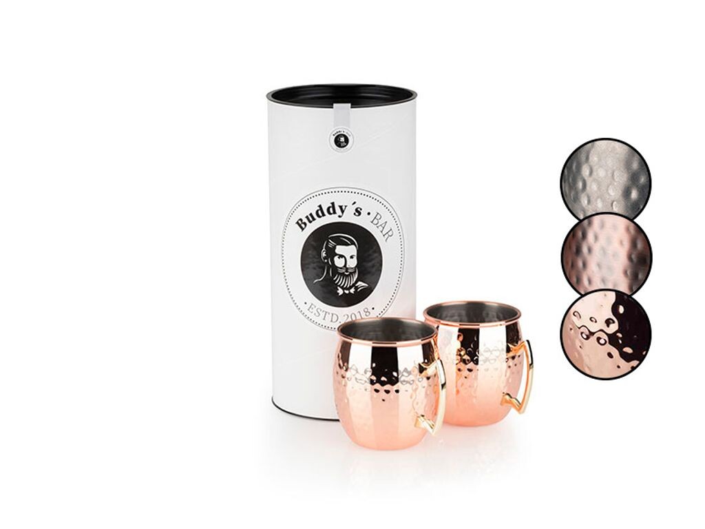 

Buddy's Bar - кружка Moscow Mule, 500 мл, кружка из высококачественной нержавеющей стали, безопасна для пищевых продуктов, с эффектом молотка, чашка для коктейлей, включая подарочную коробку, кованая, полированная медь, набор из 2 шт Buddys