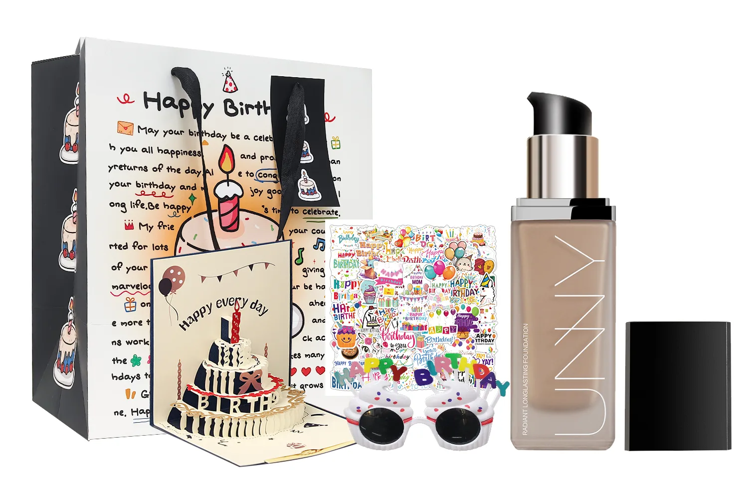 UNNY CLUB Набор косметики для женщин, Birthday Box (Dry Skin N01 Natural+Sunglasses+Greeting Card+Birthday Stickers) — фото 3