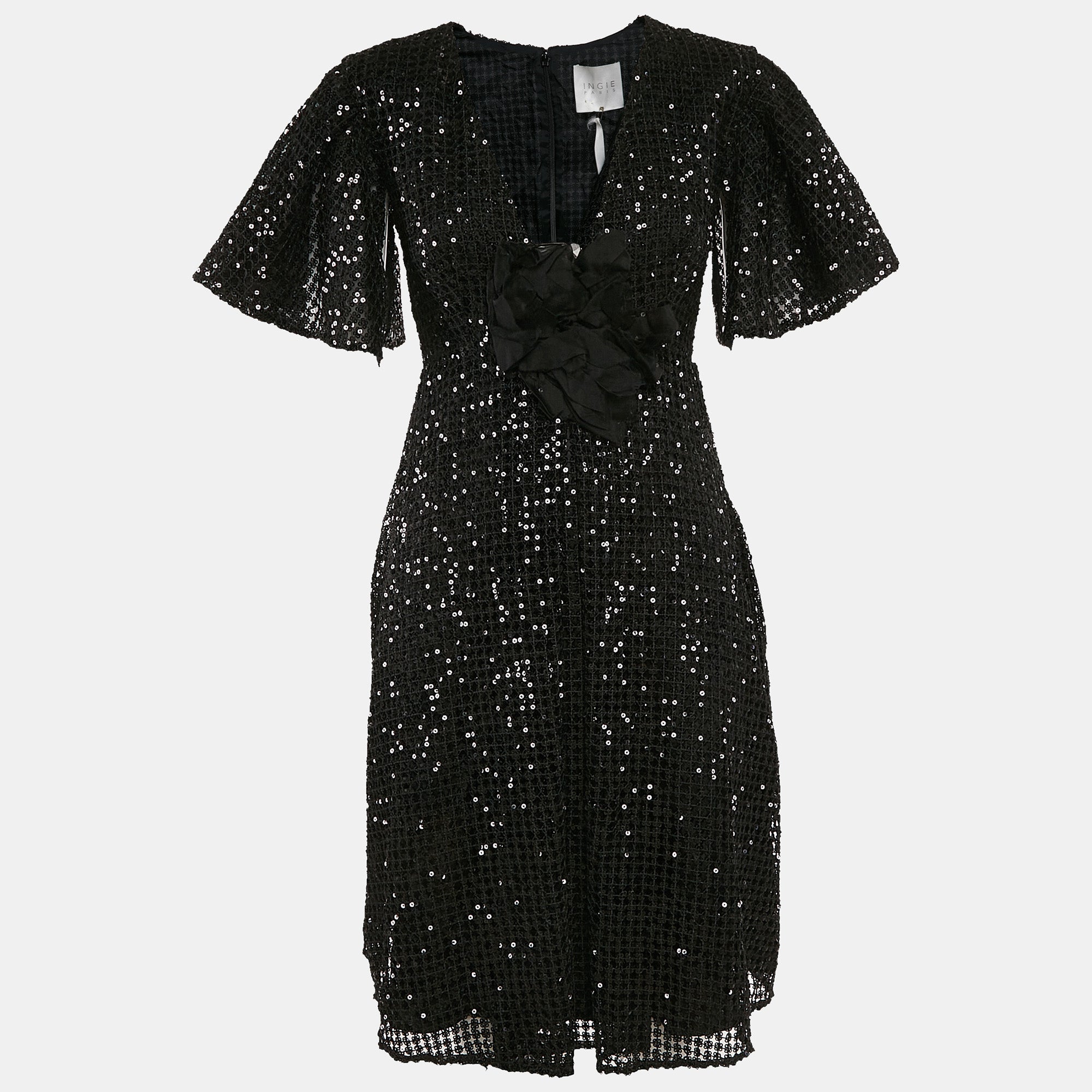 

Короткое платье Ingie Paris из черного кружева с пайетками, V-образным вырезом и расклешенной юбкой