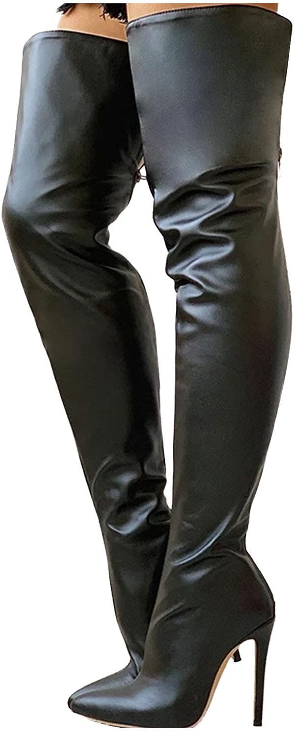 Женские ботфорты Hbeylia Stiletto, модные кожаные с заостренным носком, праздничные туфли-сапоги выше колена с молнией сзади, на высоком каблуке, высокие ботинки для свадьбы, Хэллоуина, рождественской вечеринки, под платье или юбку, черный — фото 3