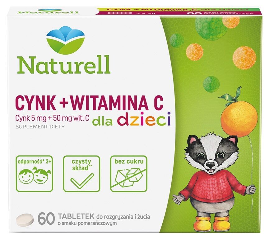 

Поддержка иммунитета для детей Naturell Cynk + Witamina C Dla Dzieci Tabletki Do Żucia, 60 шт