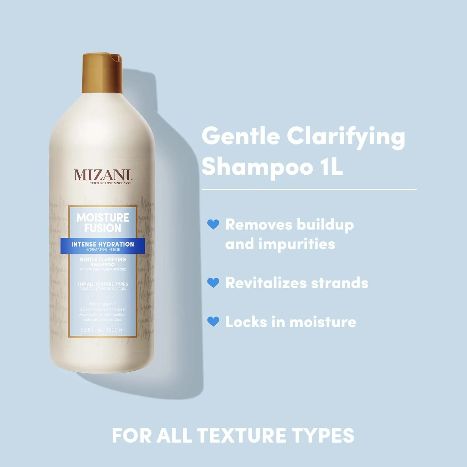 Очищающий шампунь Mizani Moisture Fusion Gentle Clarifying Shampoo - очищает волосы, удаляя загрязнения, с добавлением древесного угля, подходит для кудрявых волос. 1000 мл (.) — фото 2