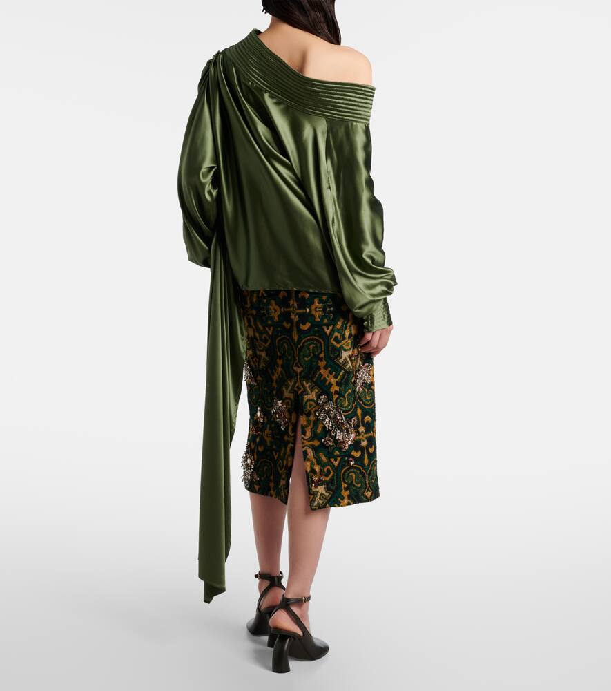 Асимметричный топ из сатина с шелком с драпировкой Dries Van Noten, Khaki — фото 3