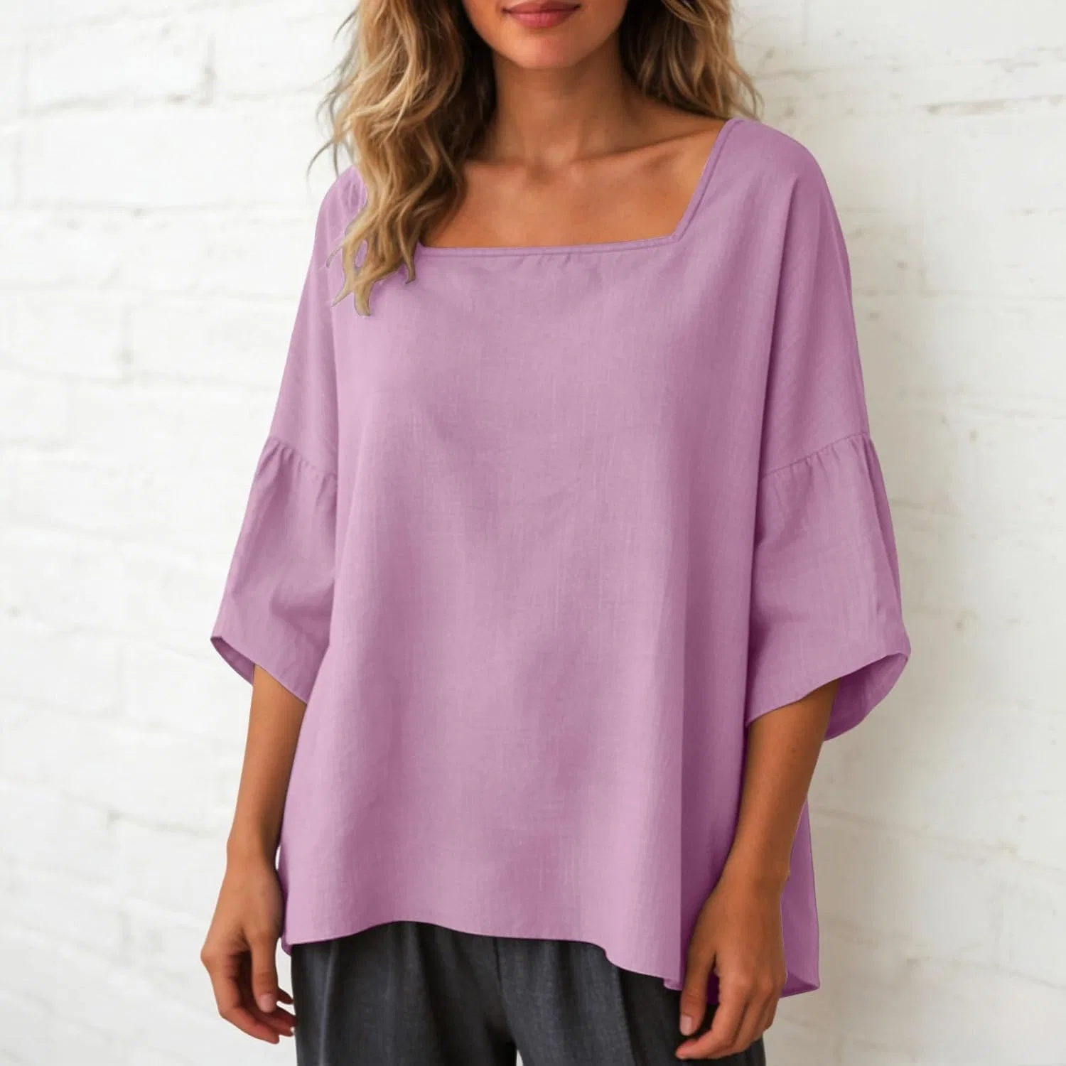 Блуза женская, свободная, из коллекции Linen Shirts for Women, розовый — фото 3