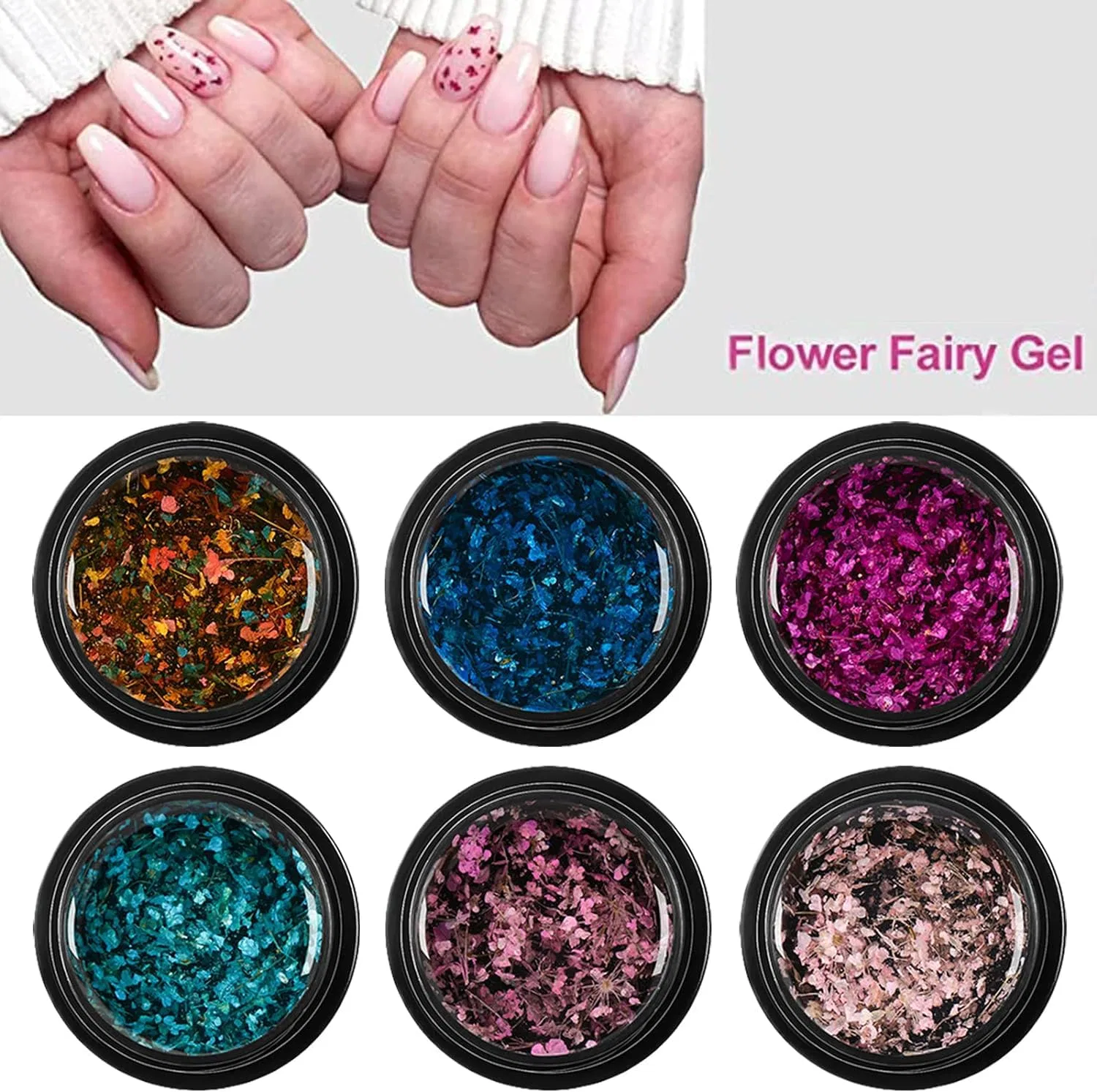 Набор гель-лаков Flower Fairy Polish с сухоцветами 6 цветов Bellecrey, Rose Gold, Pink, Green, Blue, Purple — фото 2
