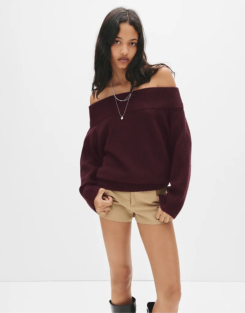 

Асимметричный мягкий трикотажный свитер Pull&Bear бордового цвета