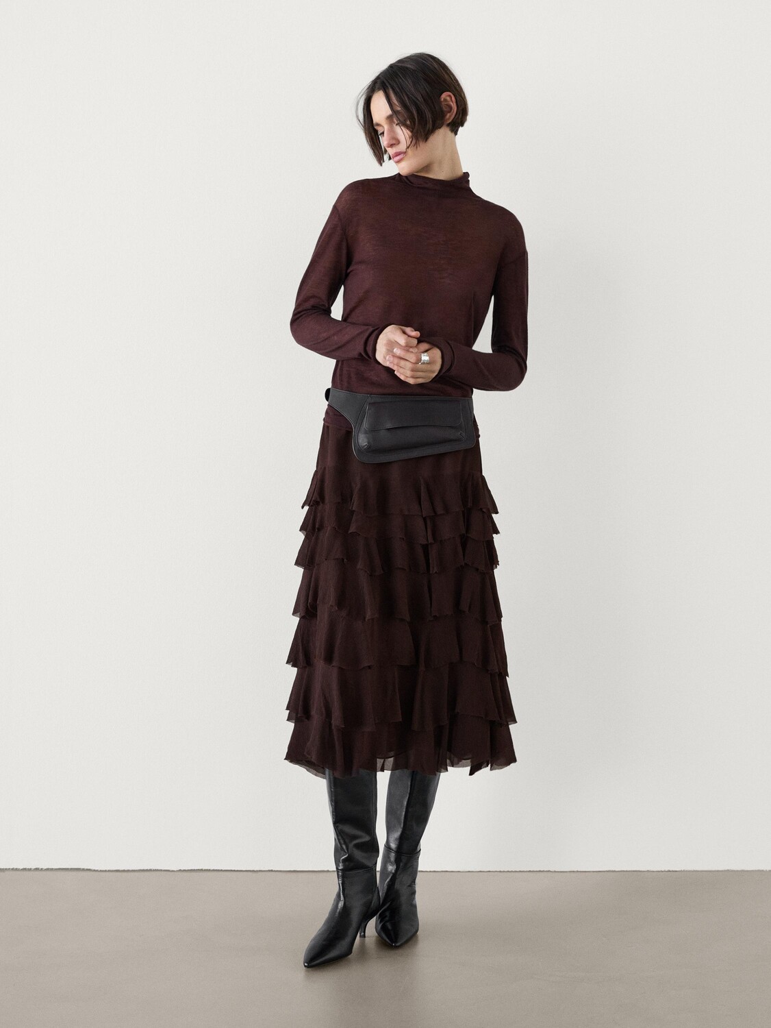 

Юбка миди с оборками Massimo Dutti, коричневый