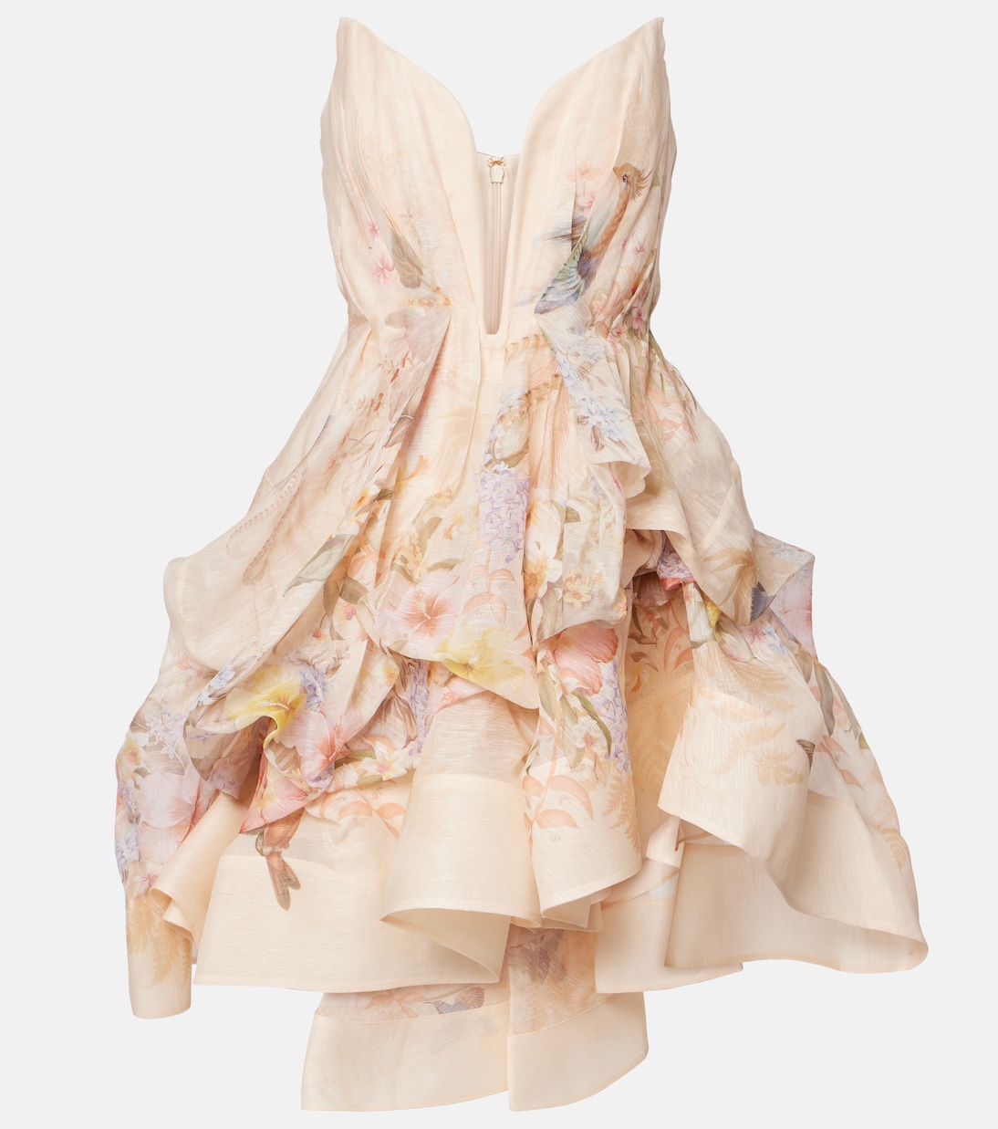 

Мини-платье из льна и шелка с драпировкой Zimmermann, Ivory Tropical