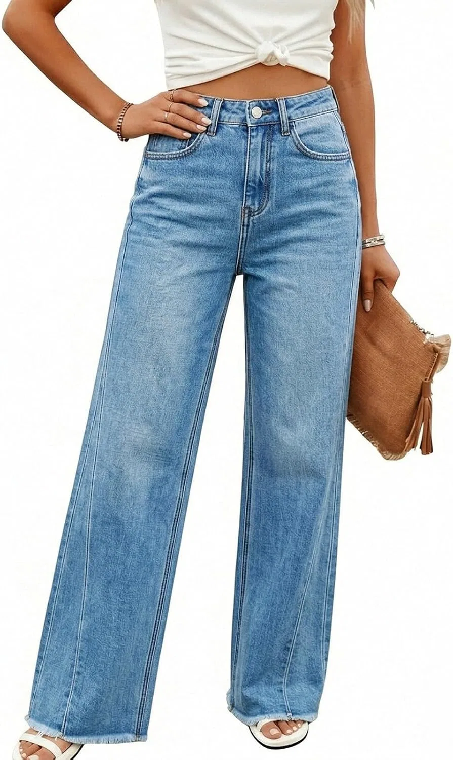 Джинсы свободные, прямые, Light Blue, Women's Washed Loose Fit Wide Leg Jeans