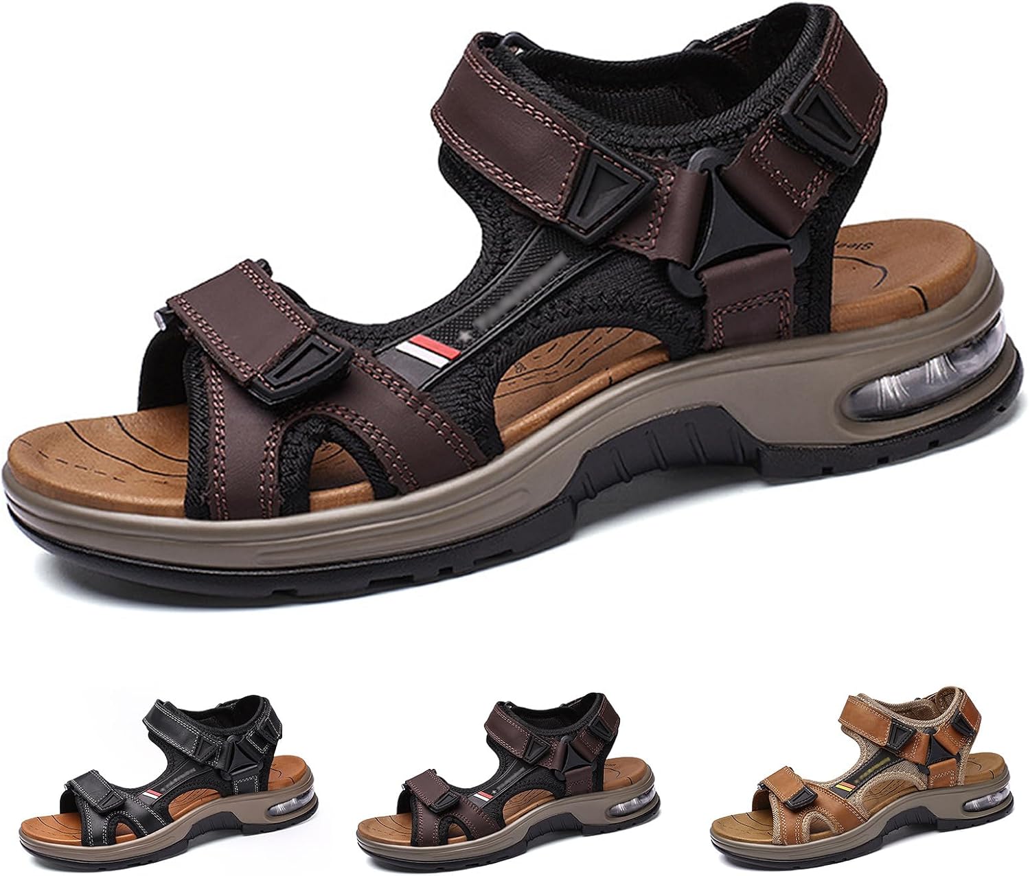 

Мужские спортивные кожаные сандалии с открытым носком, легкие нескользящие прогулочные туфли, регулируемые водные туфли с воздушной подушкой для пляжа и походов на открытом воздухе Generic, темно-коричневый