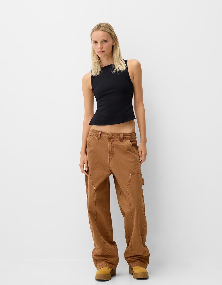 

Плотницкие брюки из хлопка Bershka, коричневый