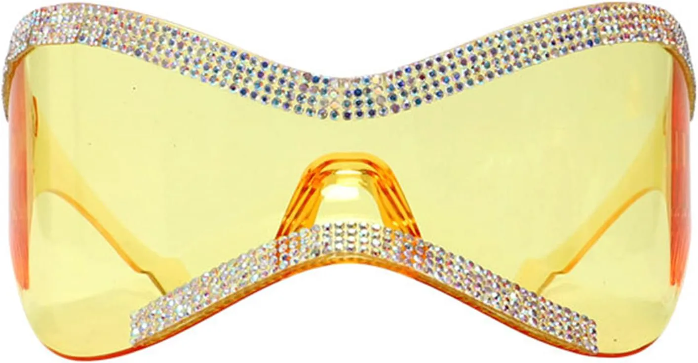 

Willochra Модные солнцезащитные очки-маска с бриллиантовой оправой и блестящими стразами, женские, большие, футуристические солнцезащитные очки-щит, Yellow