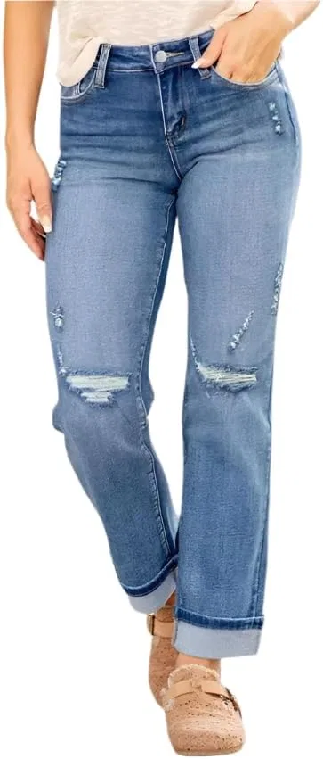 Женские джинсы Stretch Ripped Slim Fit - эластичные прямые джинсы с карманами в темной или средней промывке Generic, Medium Wash — фото 2