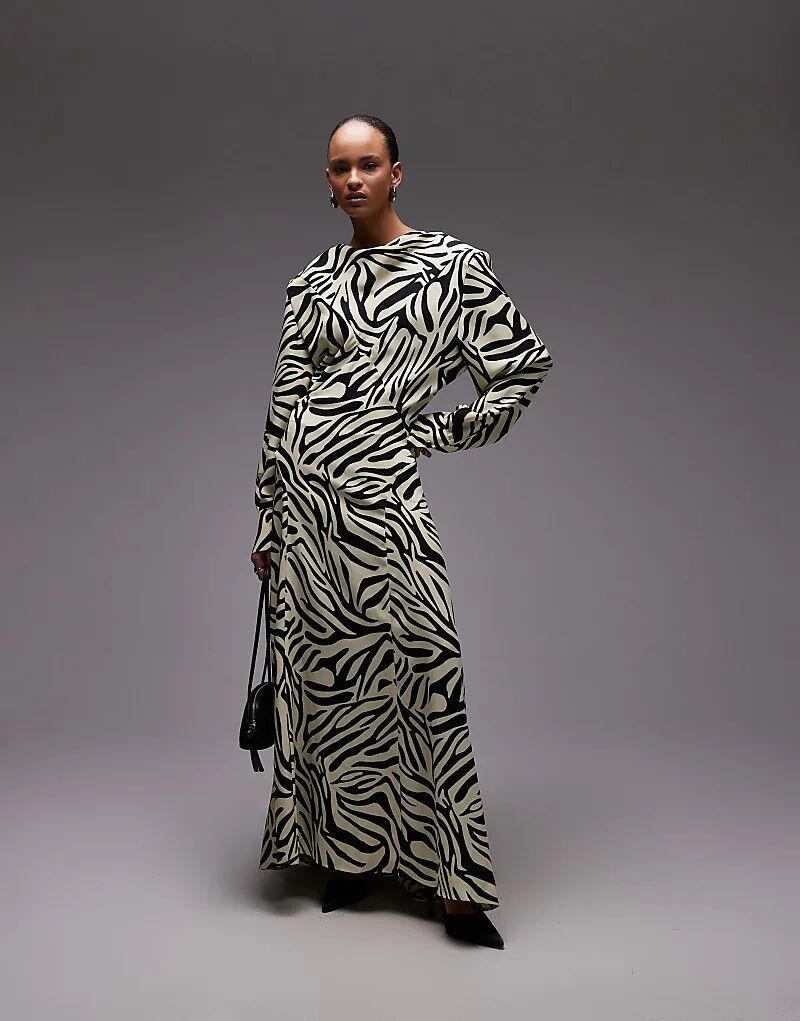 

Платье макси из атласа ASOS DESIGN с воротником-хомутиком, широкими плечами и принтом зебры