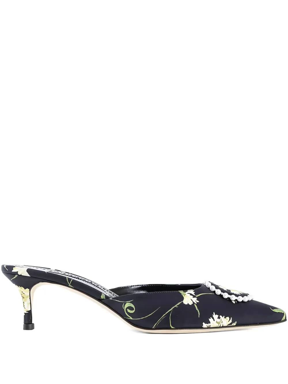 Мюли с цветочным принтом и украшением из жемчуга Manolo Blahnik, черный
