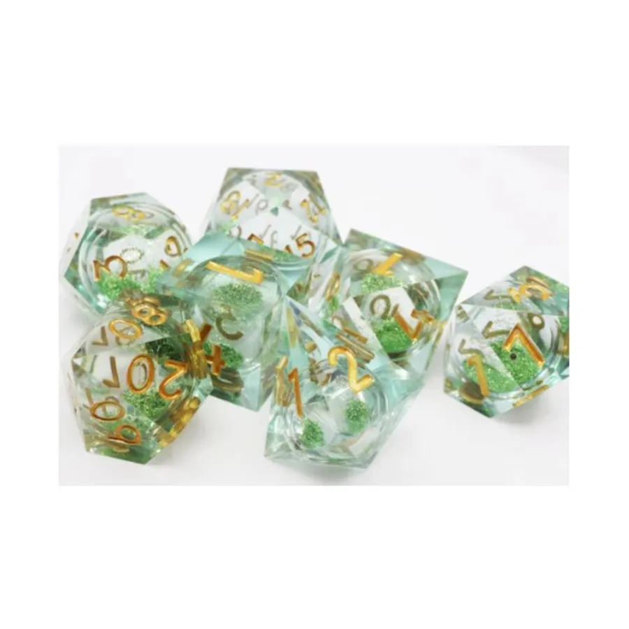

Набор полиэстеров Sharp Edge Liquid Core — мятно-зеленый с золотом (7), Dice Sets - Sharp Edge & Assorted (Foam Brain Games)