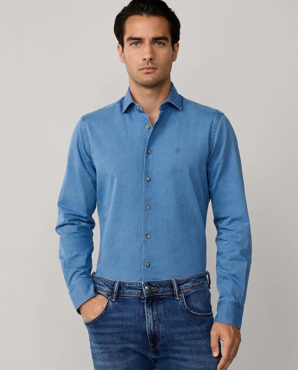 

Мужская джинсовая рубашка синего среднего оттенка, прямого кроя Hackett, синий