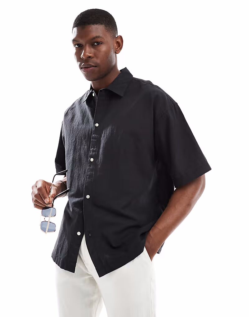 

Рубашка свободного кроя из смеси льна черного цвета Jack & Jones