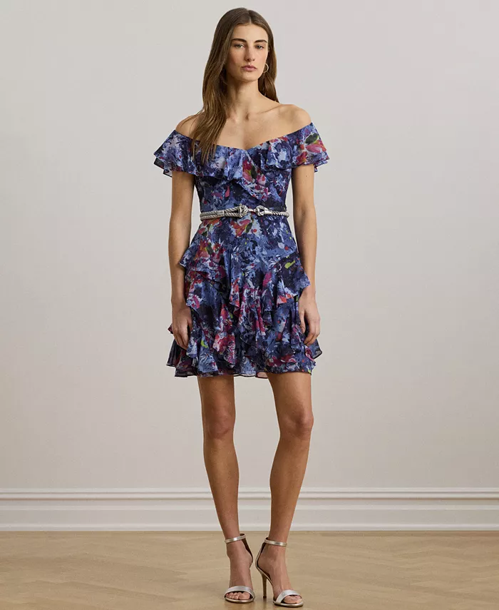 

Женское печатное коктейльное платье с открытыми плечами Lauren Ralph Lauren, синий