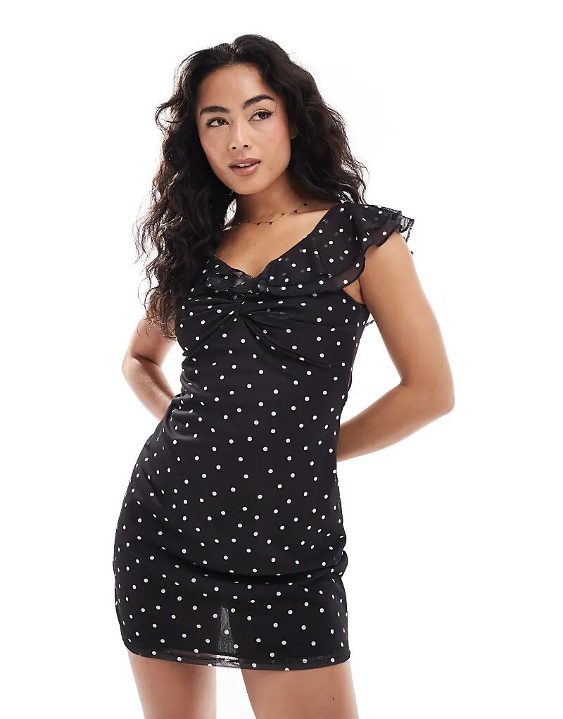 

Мини-платье ASOS DESIGN с сетчатой отделкой на плечах и оборками в однотонный горошек