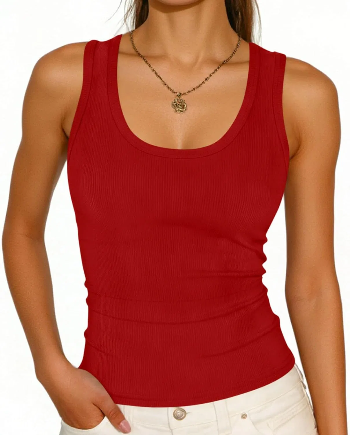 Топ женский без рукавов с круглым вырезом, Ribbed Knit, красный — фото 2