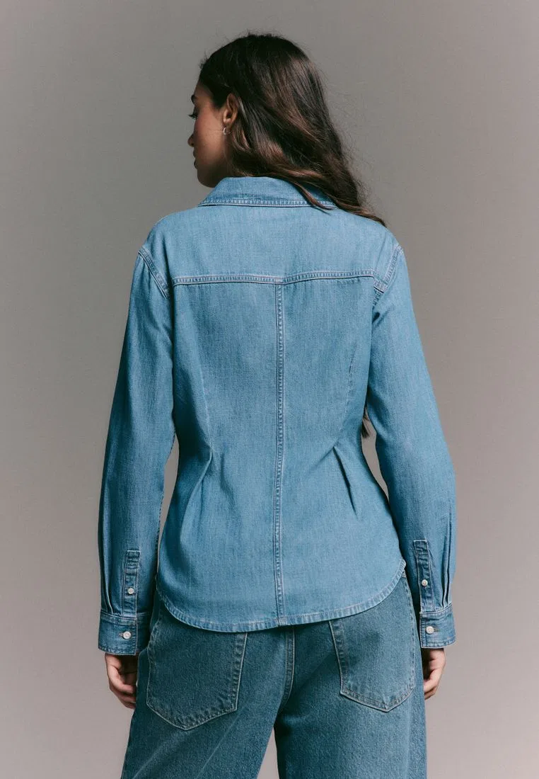 Джинсовая рубашка, приталенная длинный рукав, Cinch Waist Next, синий — фото 2