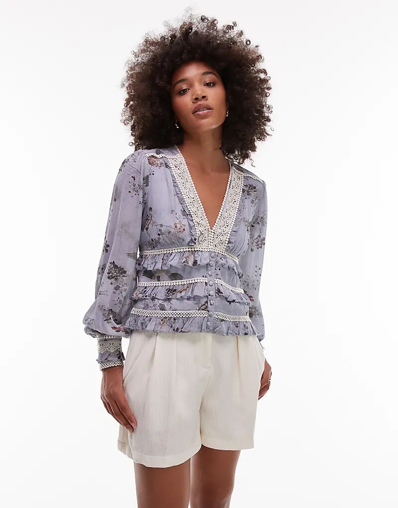 

Топ AllSaints Zora с кружевной отделкой и пастельным цветочным рисунком - LBLUE