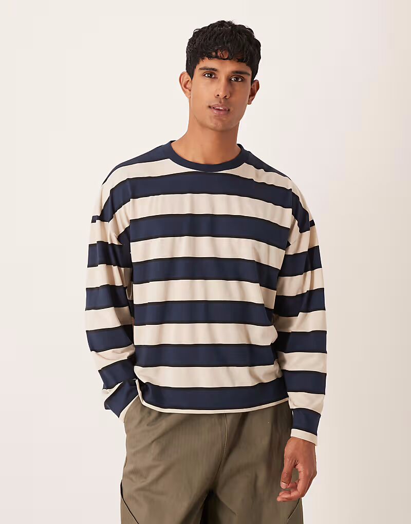 

Футболка свободного кроя с длинными рукавами и спущенным плечом в сине-коричневую полоску Asos Design, Коричневый, Футболка свободного кроя с длинными рукавами и спущенным плечом в сине-коричневую полоску Asos Design