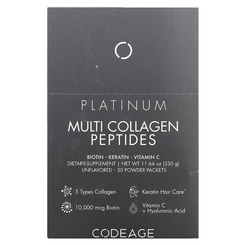 

Codeage, Platinum, мультиколлагеновые пептиды, без добавок, 30 пакетиков по 11 г (0,38 унции)