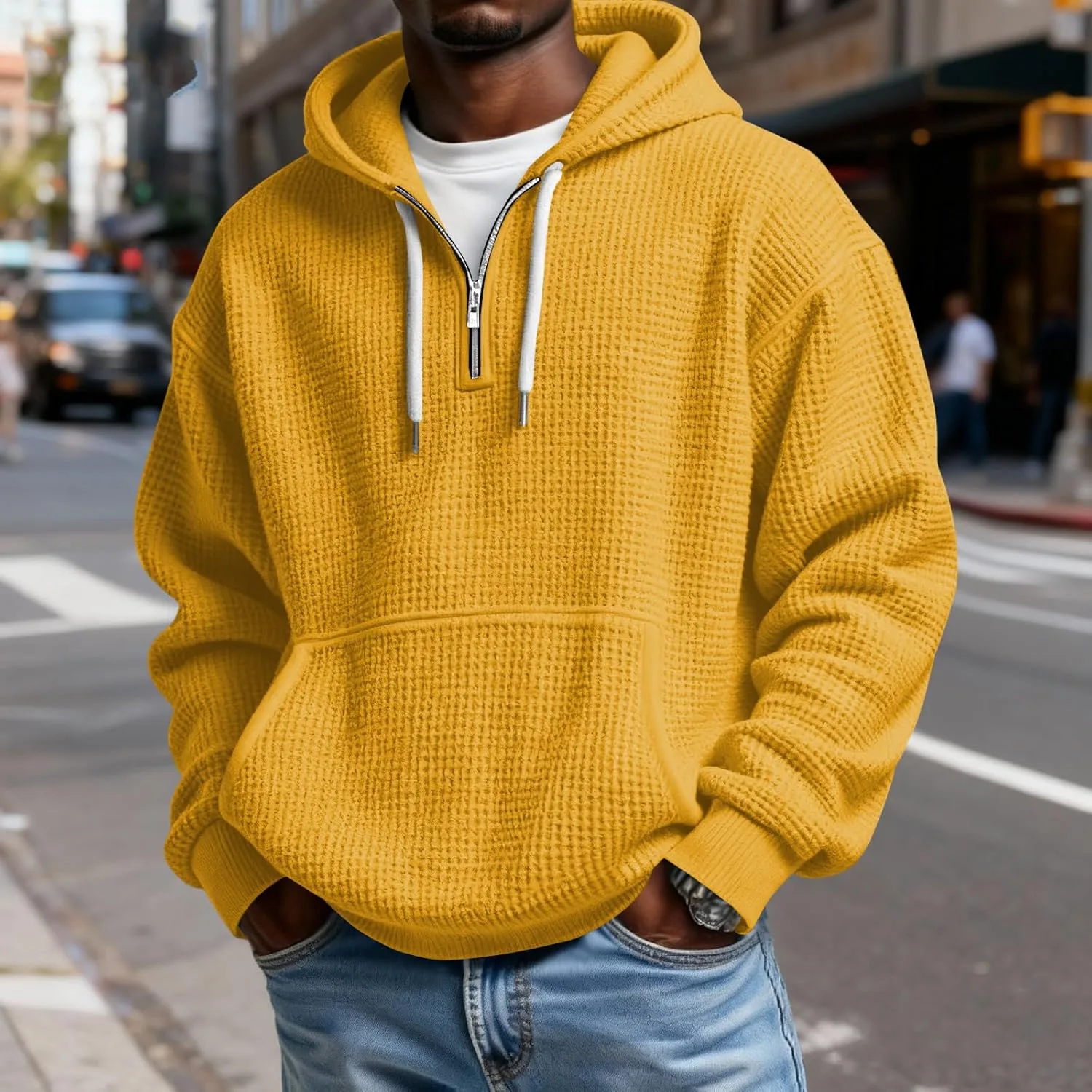 Мужской худи Casual Quarter Zip с длинным рукавом, оверсайз с карманами — фото 3