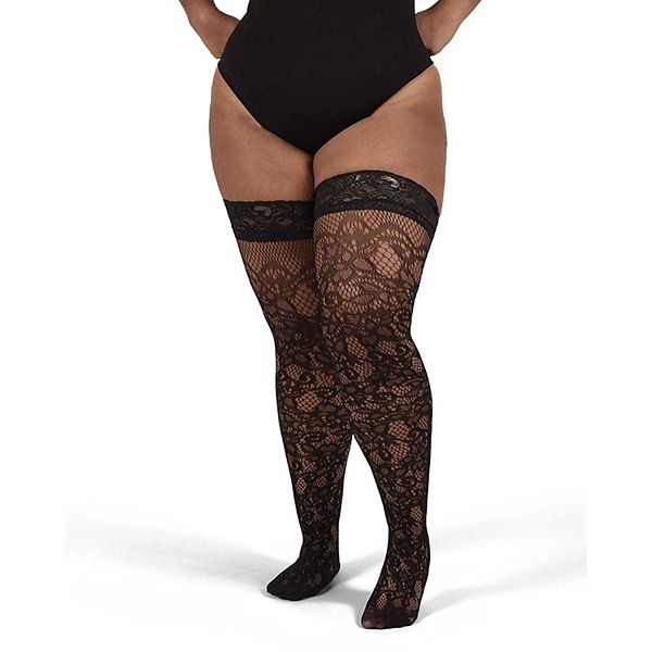 

Женские чулки до бедра Plus Size с кружевным верхом в сетчатом узоре Memoi