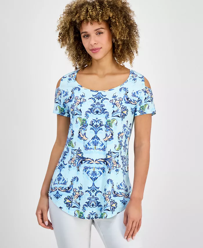 

Женский короткий топ с принтом и холодным плечом JM Collection, синий