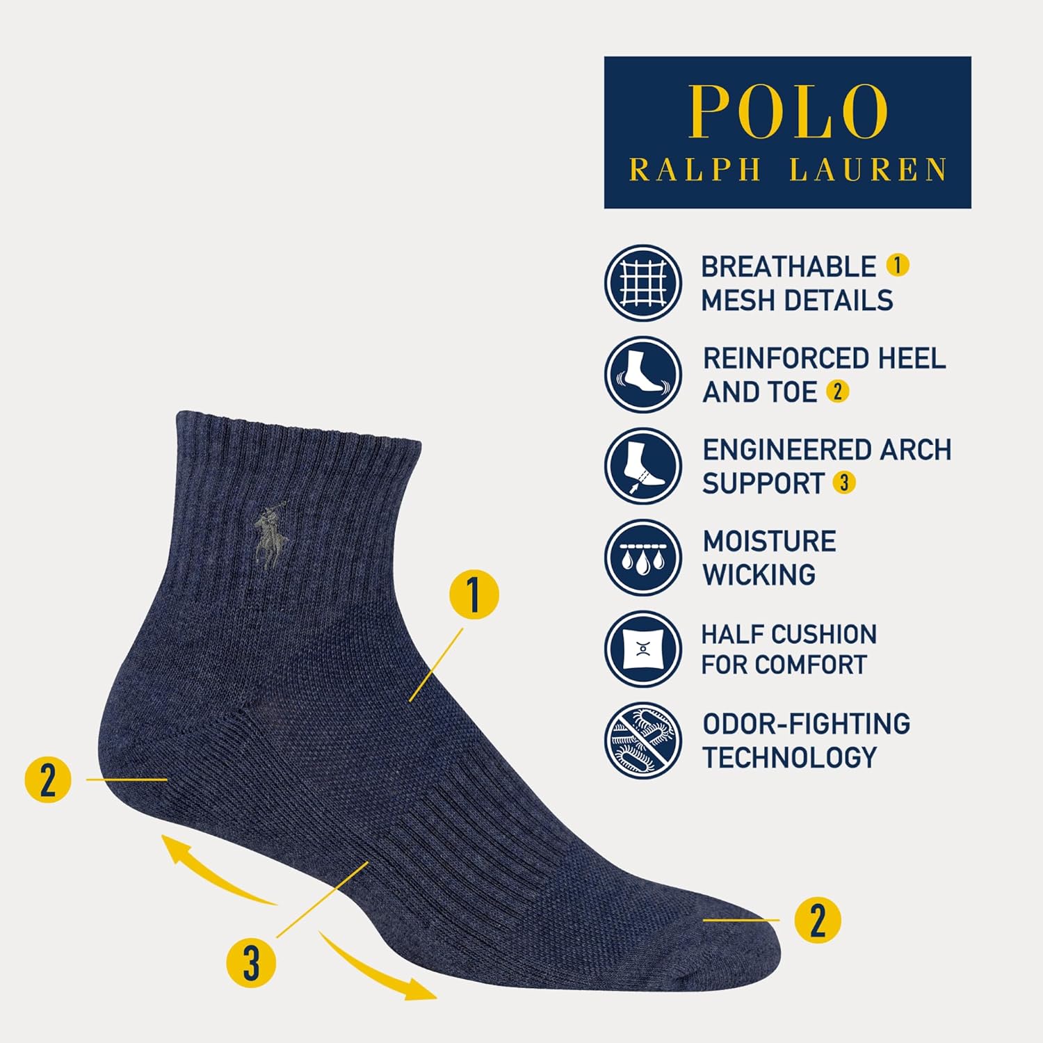POLO RALPH LAUREN Мужские классические спортивные однотонные носки до щиколотки - набор из 6 пар - спортивные, с мягкой подкладкой, хлопок, Denim — фото 2