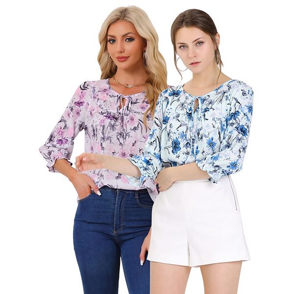 

2 упаковки женских блузок с цветочным принтом и бантом на воротнике Inspire Chic, Blue Dusty Purple