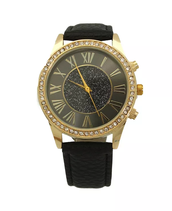 

Часы с кожаным ремешком и черными блестками и золотыми деталями Olivia Pratt, black