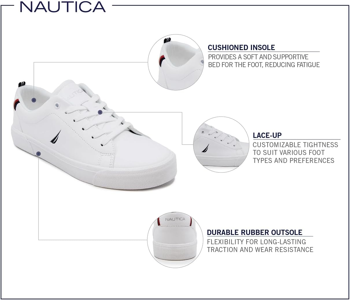 Мужская повседневная обувь Nautica, классические низкие лоферы на шнуровке, модные кроссовки - в стандартных и широких размерах, белый/синий/темно-синий — фото 2