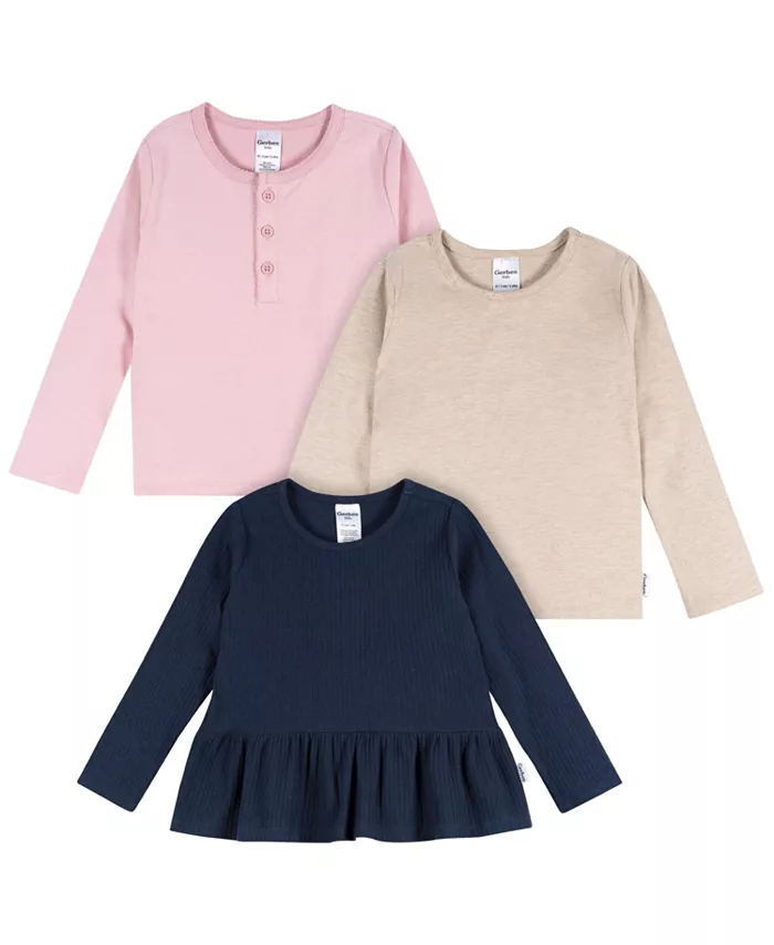 

Девочки Toddler 3 упаковки футболок с длинным рукавом, Navy/Oatmeal/Violet, 5T Gerber, синий
