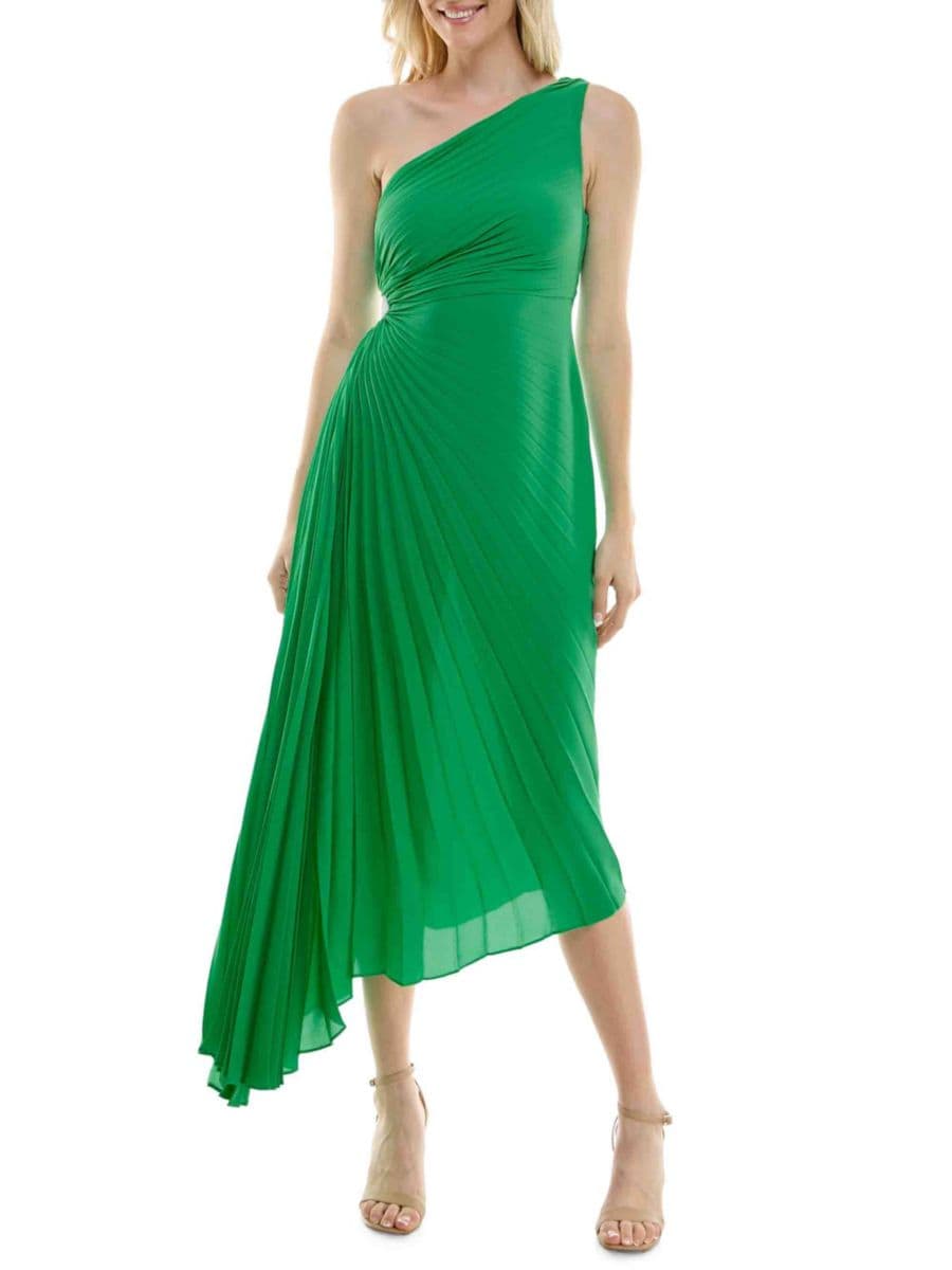 

Платье на одно плечо с плиссировкой и вырезом-замочной скважиной сбоку Nicole Miller, цвет Lilypad