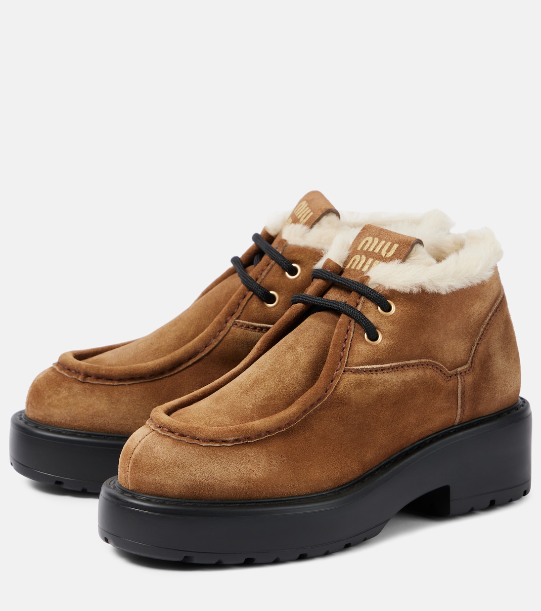 Массивные кожаные туфли с отделкой из овчины Miu Miu, Cannella — фото 4