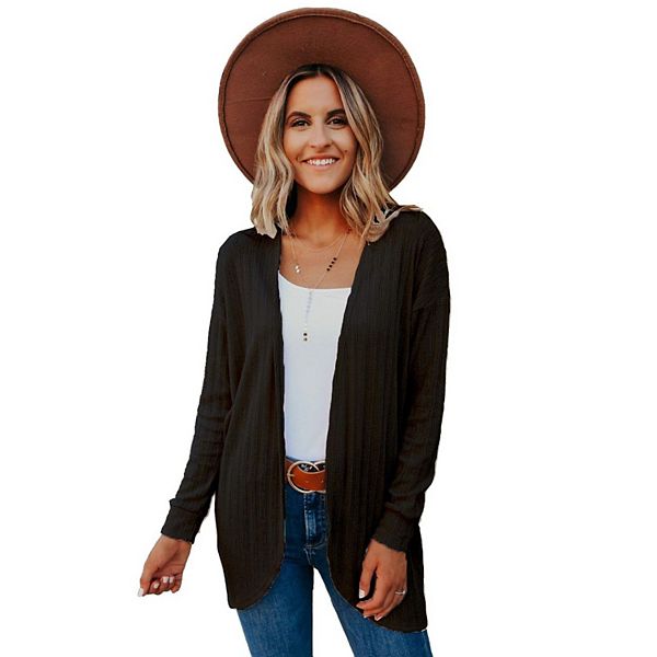 

Женский кардиган с открытой передней частью, вязаный, длинный рукав, однотонный, удобный, легкий, для осени Maxxis Merch, Black