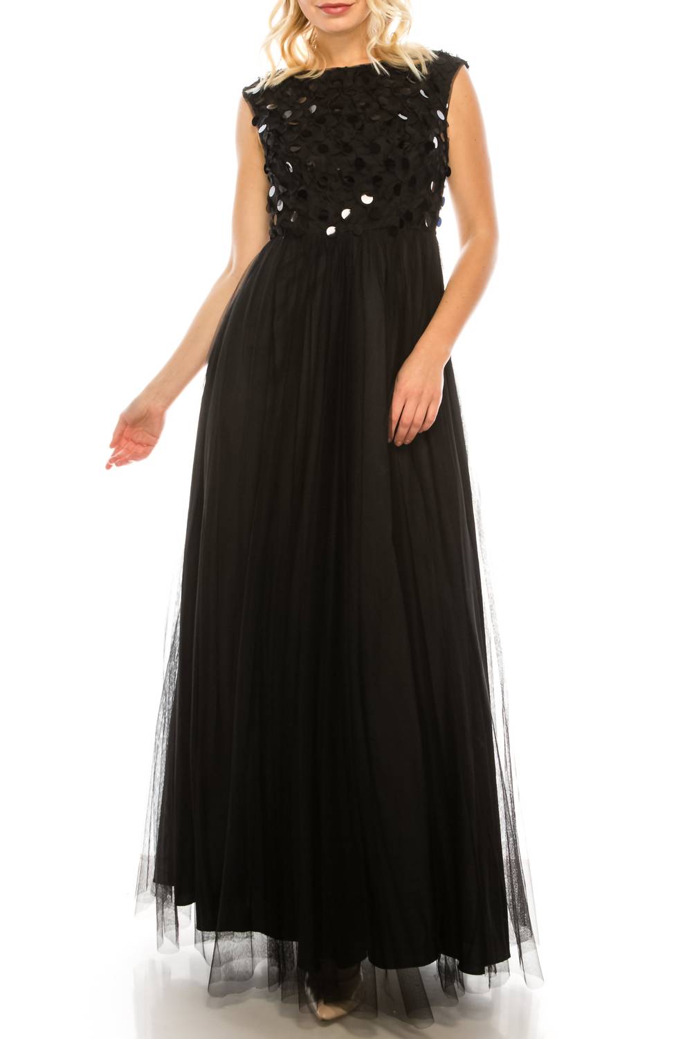 

Черное вечернее платье без рукавов с декоративными элементами Aidan Mattox