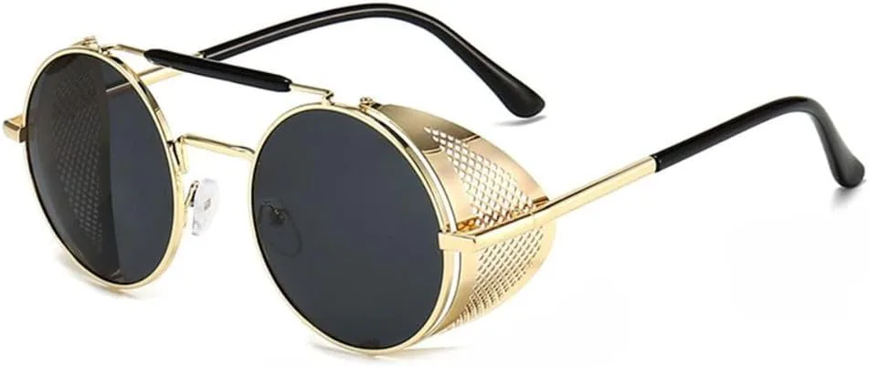 

Солнцезащитные очки в стиле панк с металлической оправой, защита глаз, дорожные аксессуары, ретро-очки - UV400, очки для женщин и мужчин KTUCN, Black Gold