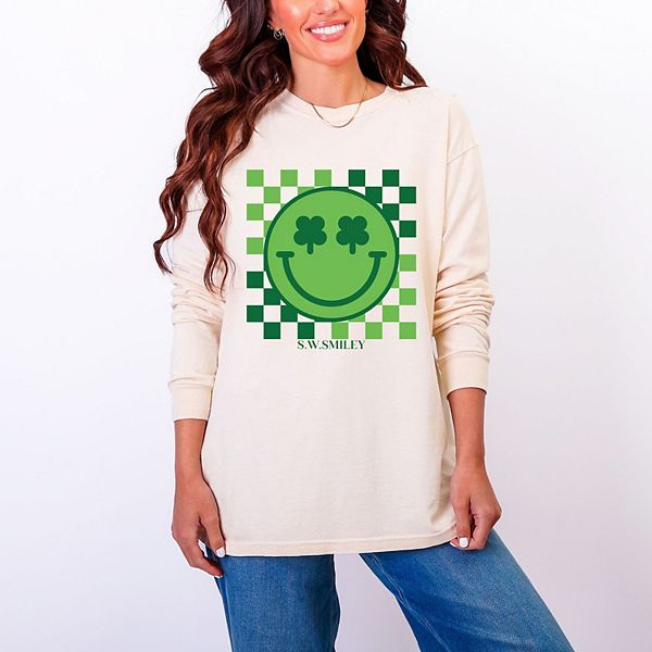 

SWSmiley clover eyes smiley - женская футболка с длинным рукавом и принтом, окрашенная в стиле garment dyed Simply Sage Market, Ivory