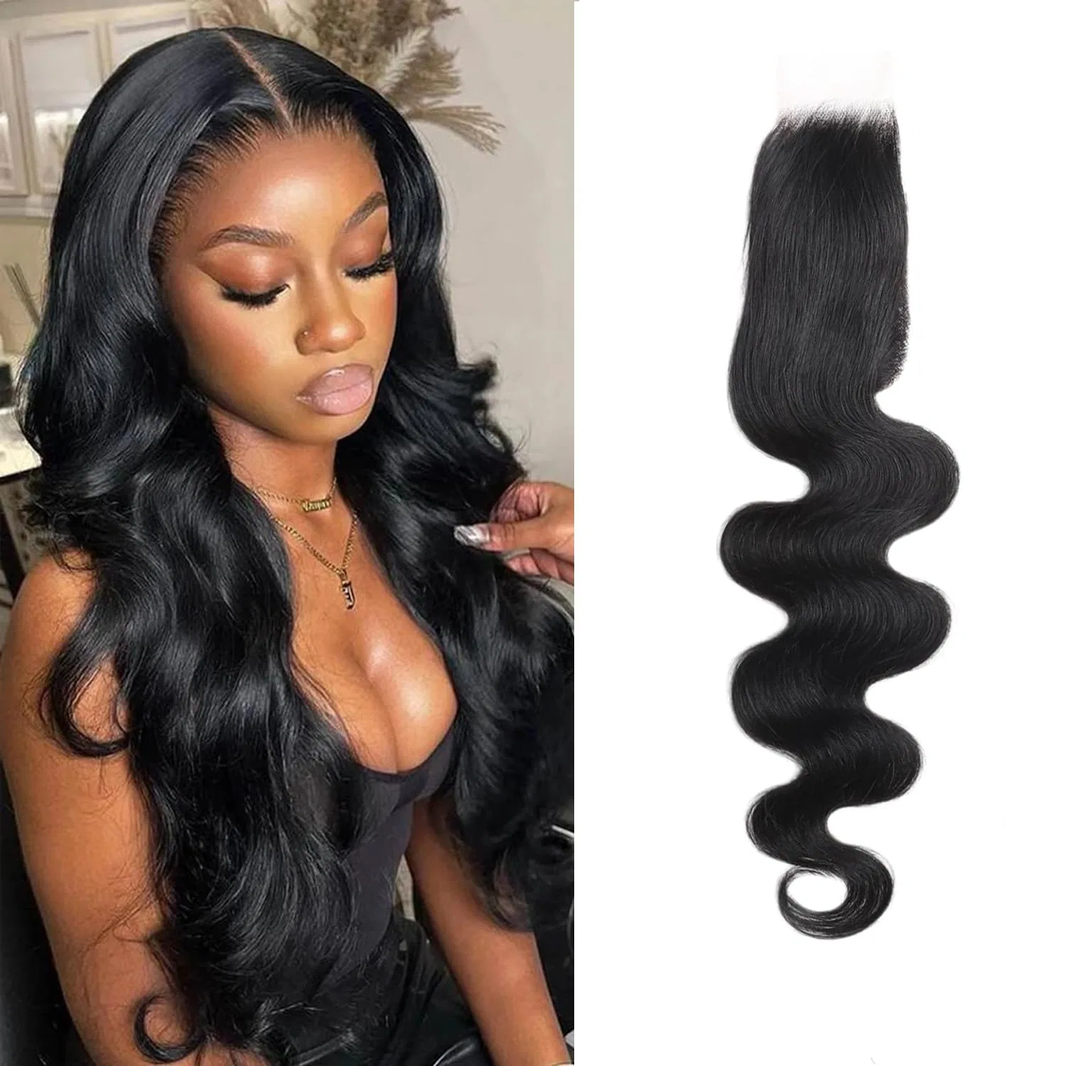 Накладные волосы 2x6 Closure Human Hair Body Wave, 100% натуральные Arenshxc, Natural Black 2X6 Closure Body