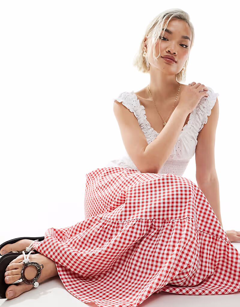 

Юбка макси Vero Moda с многоуровневым подолом в красную клетку