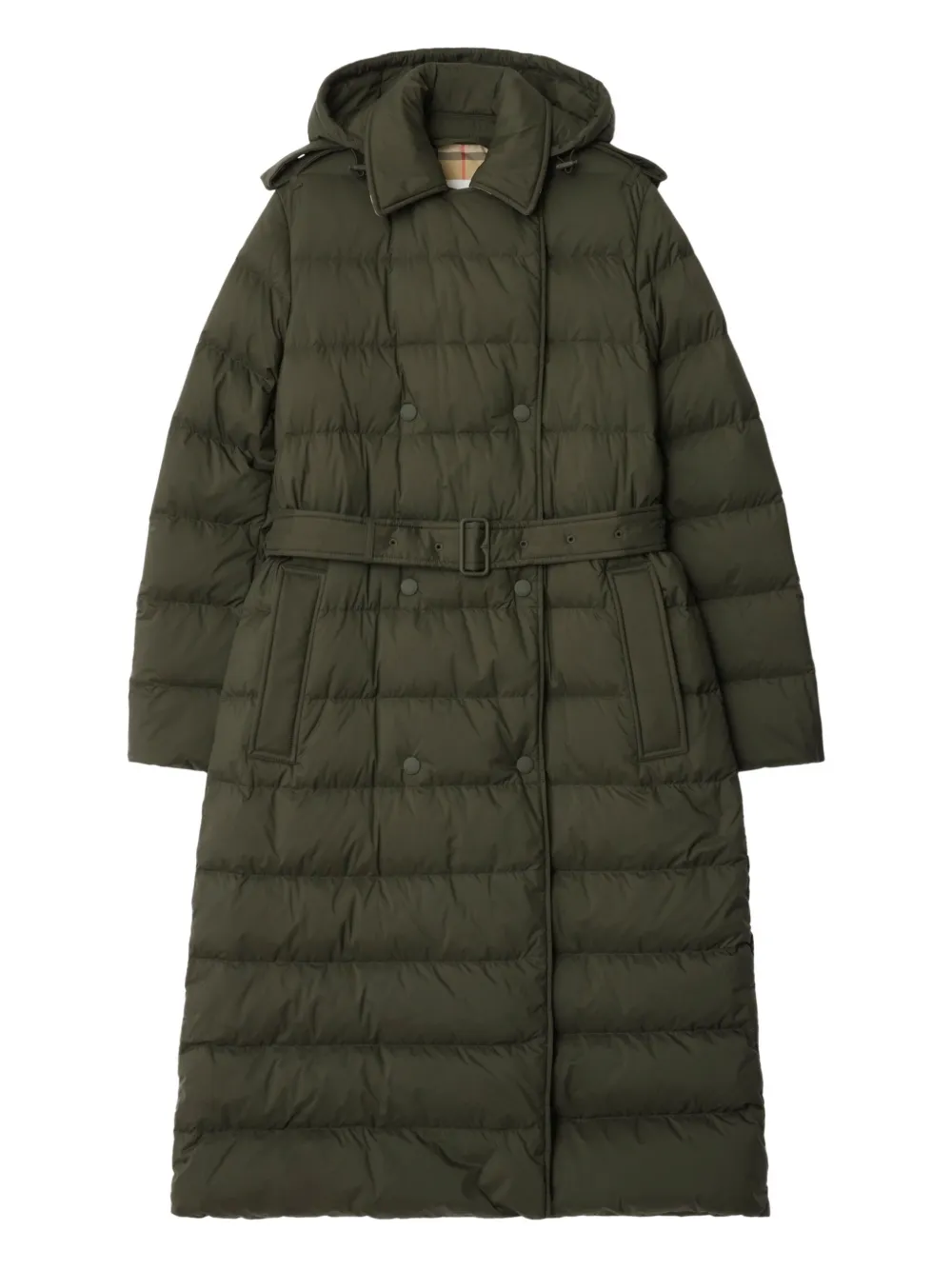 

Двубортный пуховик с поясом BURBERRY, зеленый