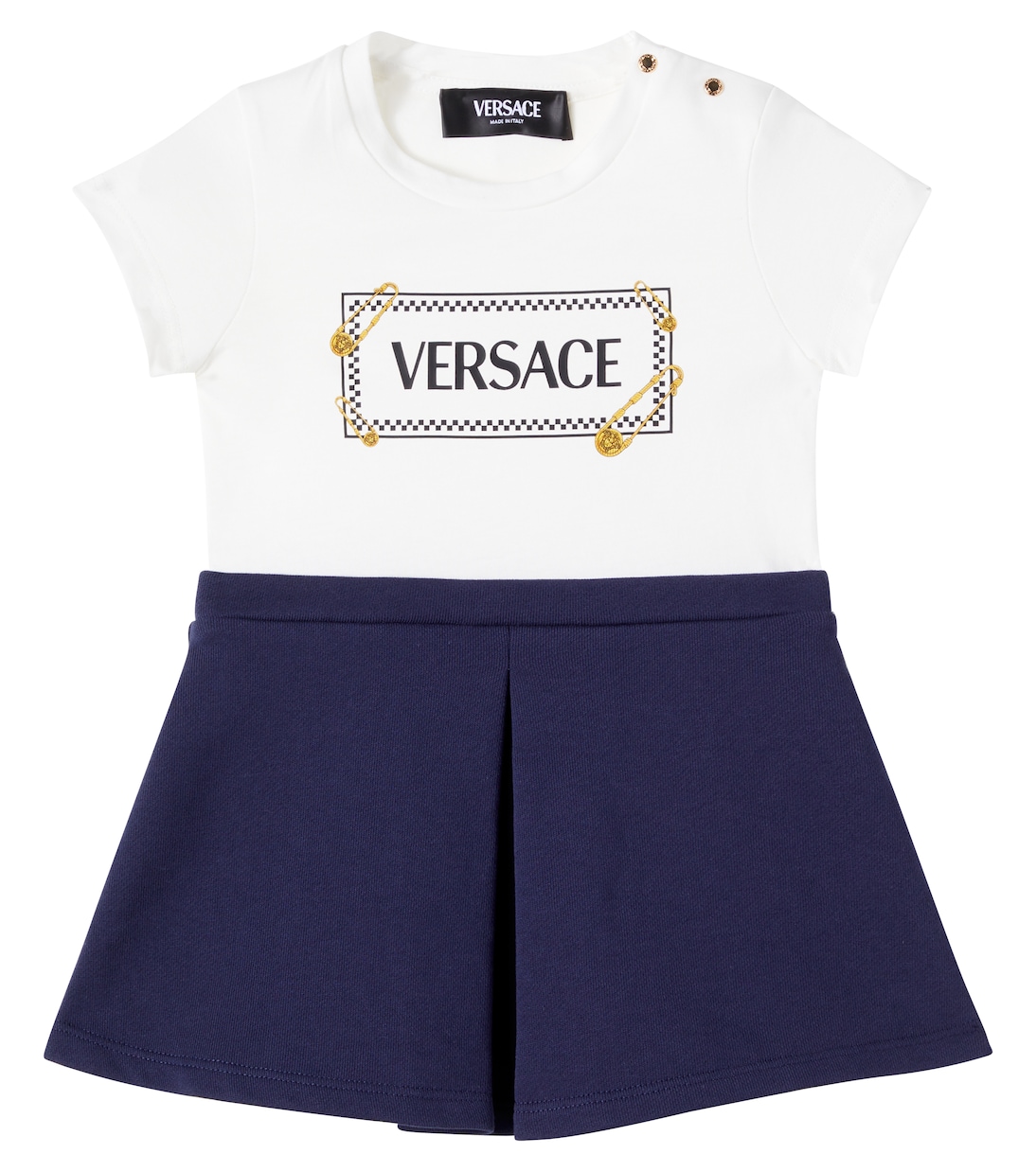 

Хлопковое платье с безопасной булавкой Baby Safety Pin Versace Kids, White+Navy+Gold
