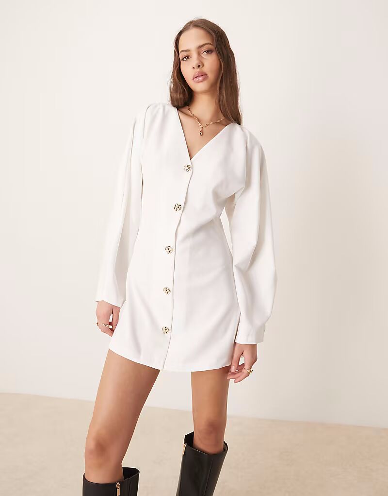 

Мини-платье ASOS DESIGN с V-образным вырезом и рукавами-бочонками кремового цвета