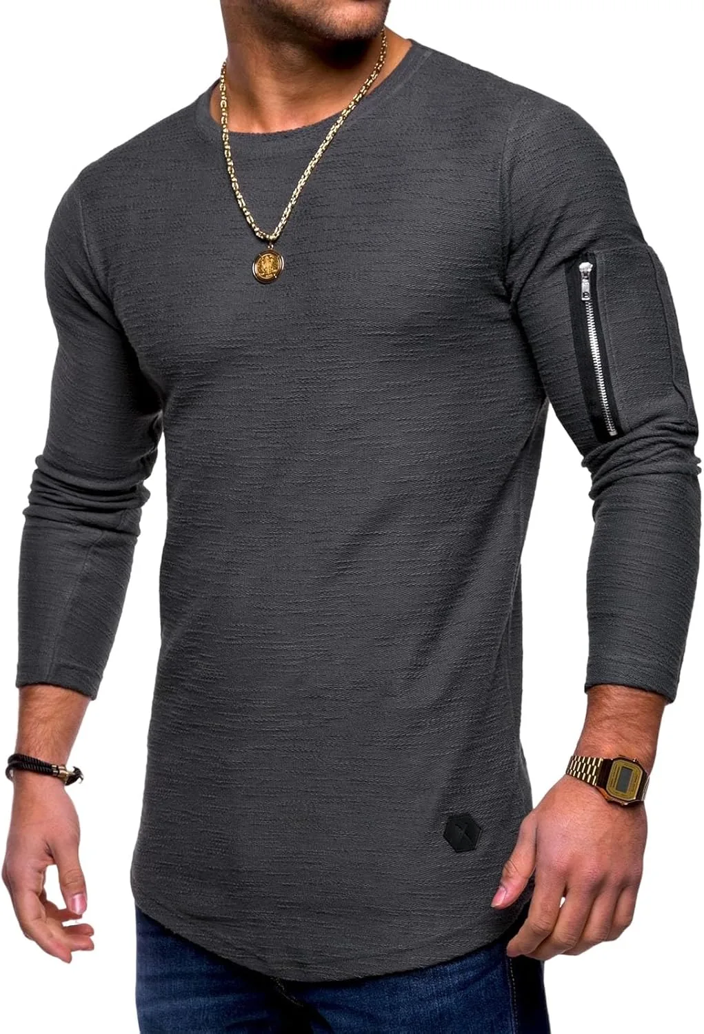 

Мужская базовая футболка с молнией на рукаве, long sleeve, slim fit